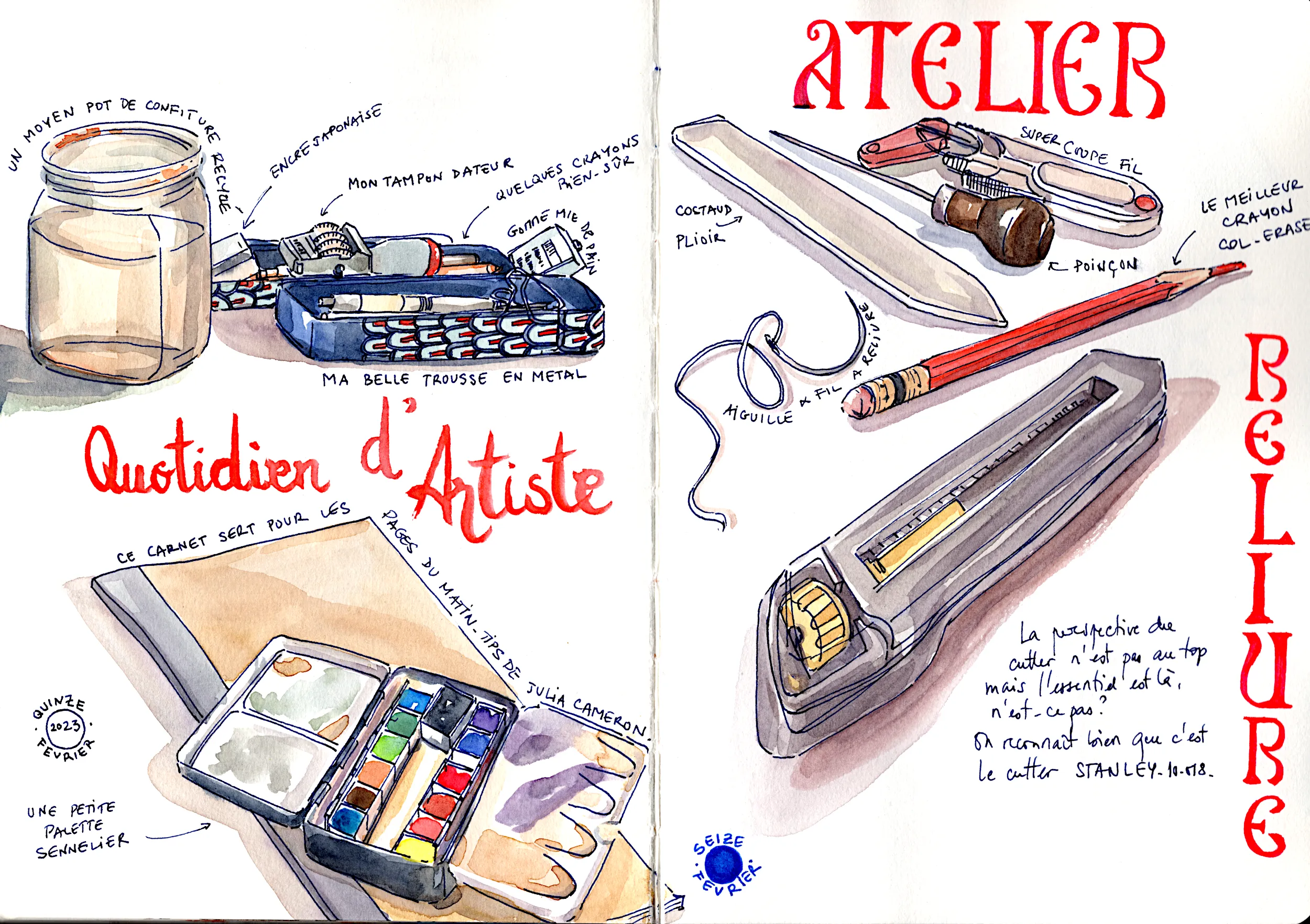 Double page de carnet consacrée au matériel d’artiste