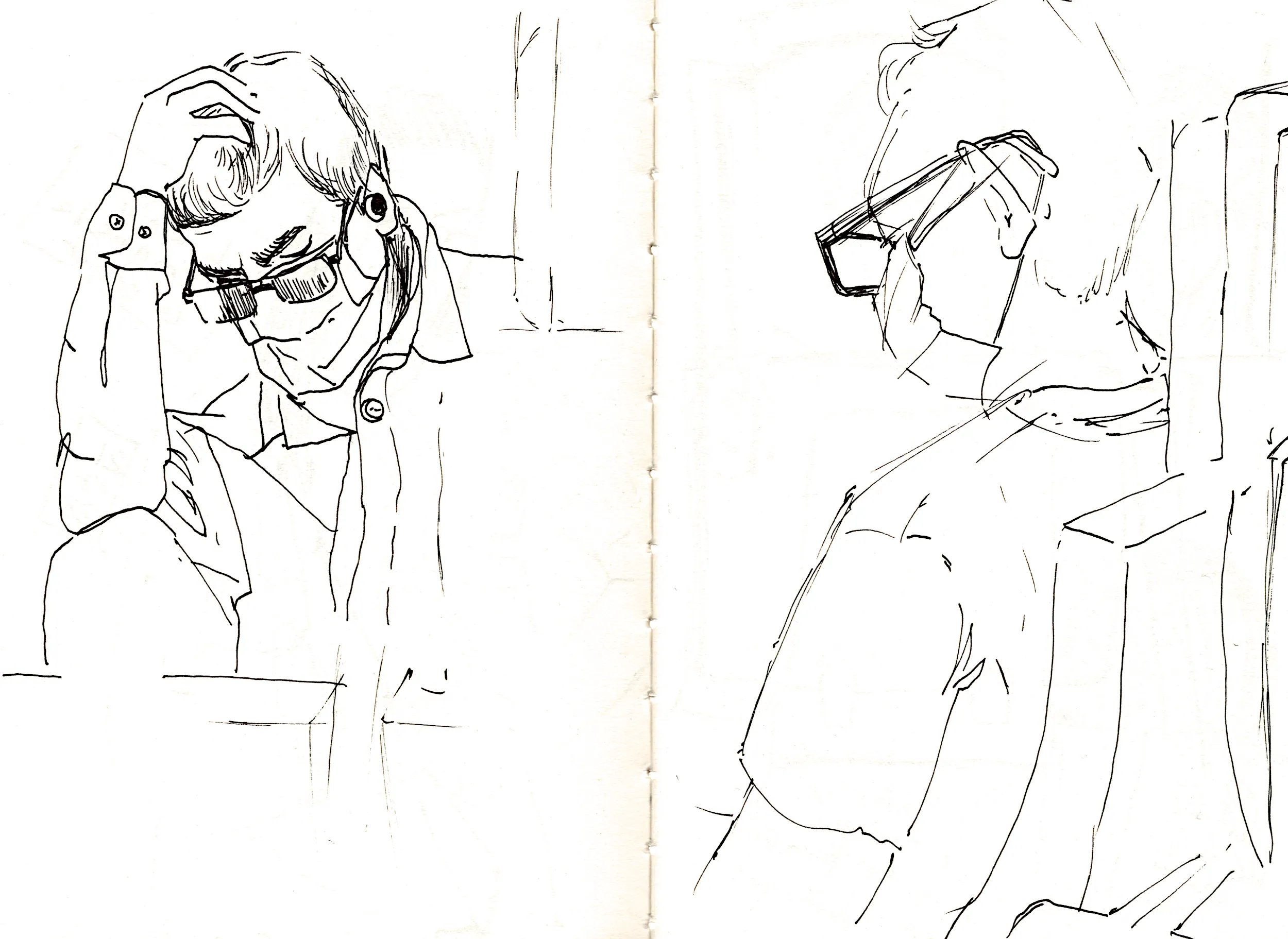 Deux voyageurs dessinés sur le vif dans un carnet