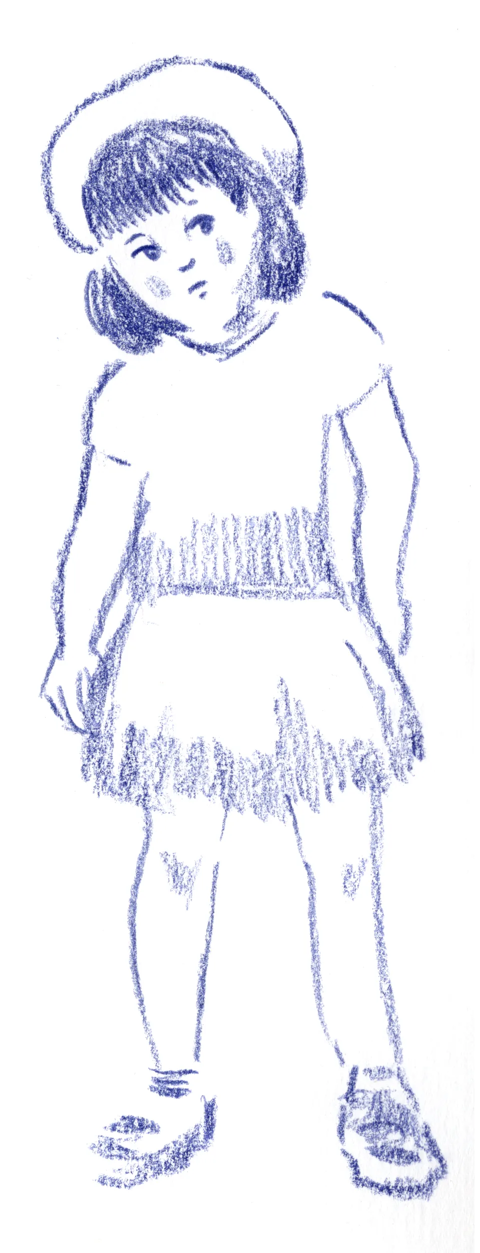 Petite fille dessinée au crayon bleu