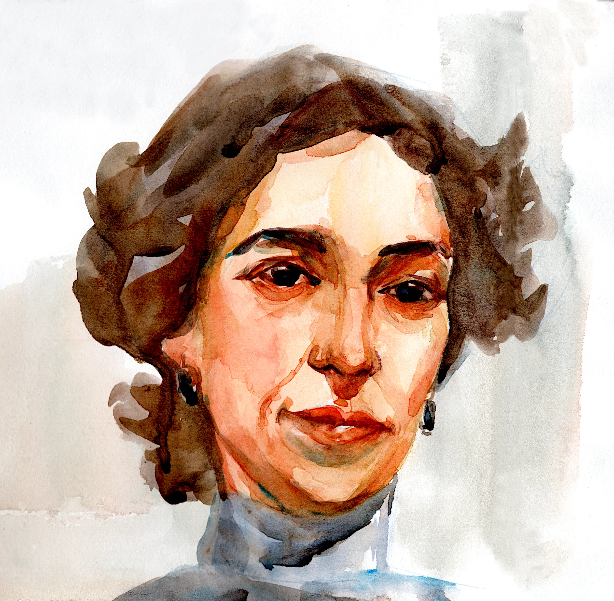 Portrait à l’aquarelle d’une femme aux cheveux bruns
