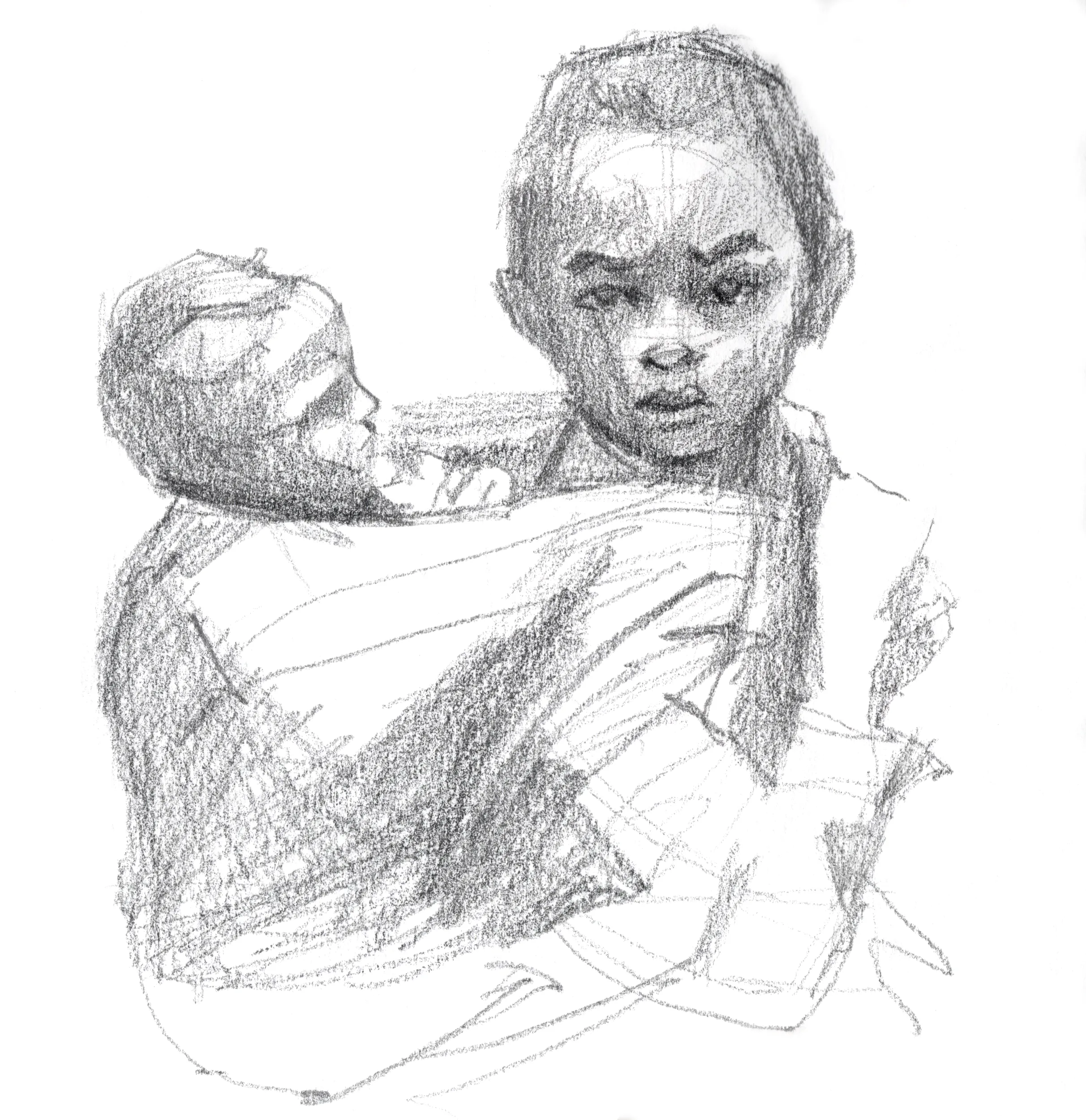 Portrait au graphite d’un enfant porté dans les bras